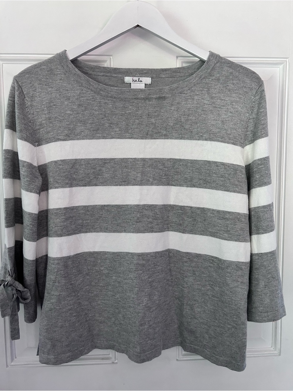 Kela Gray & White Striped Long Sleeve Tie-Sleeve Top